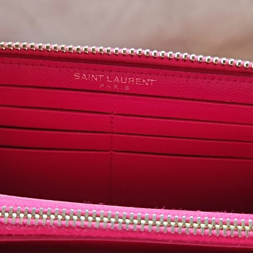 Saint Laurent Pink Quilted Leather Zip Wallet with Gold YSL Logo